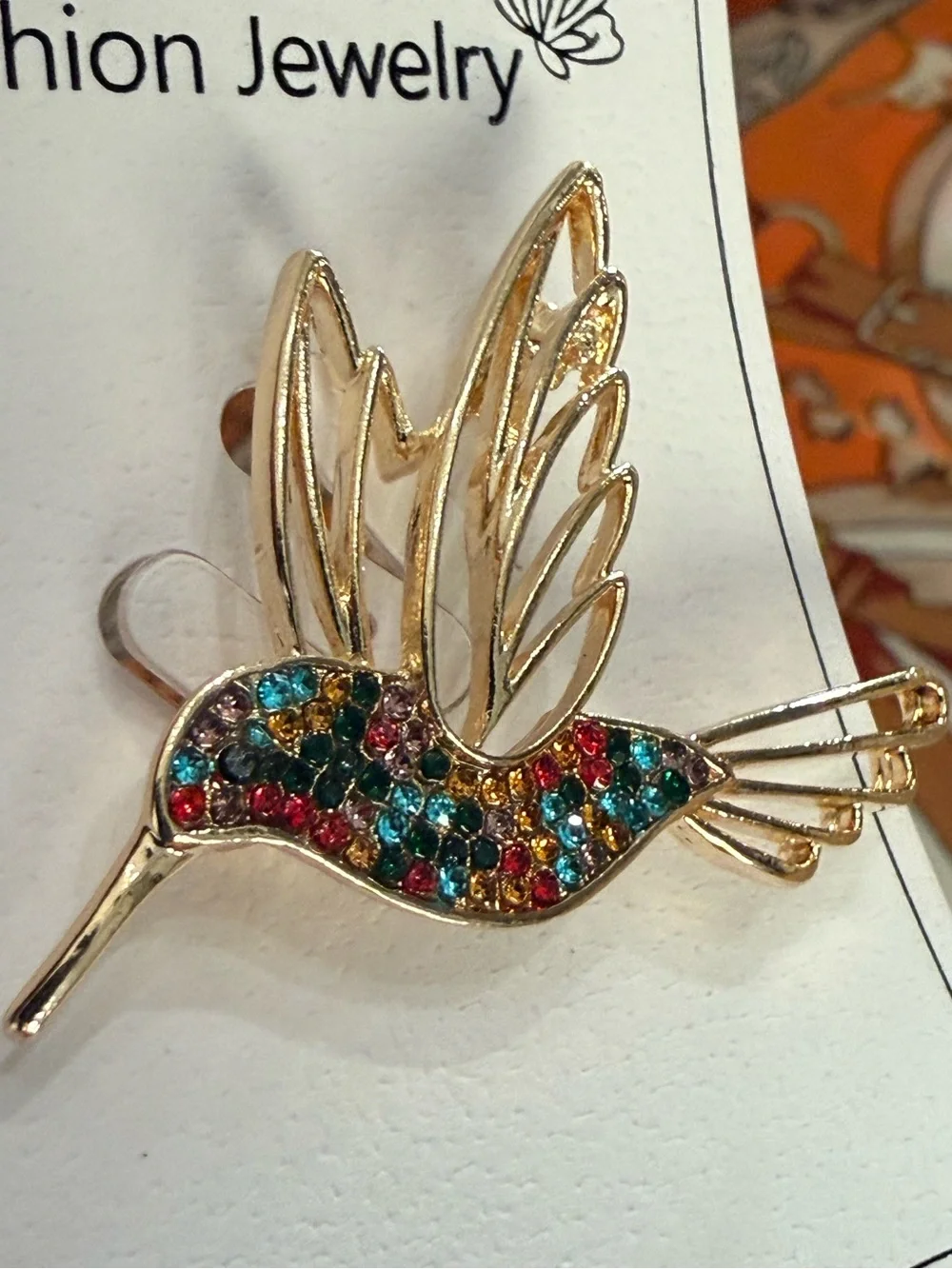 Fashion Jewelry Gold Hummingbird Pin with Multicolor Gems Brooch